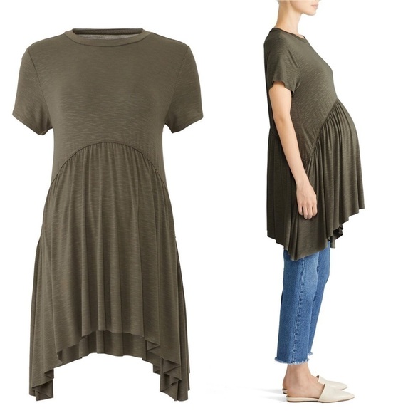 INGRID & ISABEL Olive Short Sleeve Flowy  Handkerchief Hem Maternity Tunic Top S - Picture 2 of 5